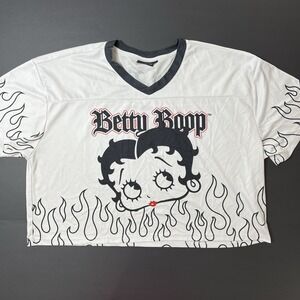 Betty Boop Mesh Crop Top Jersey Flames Graphic White Women's Size L